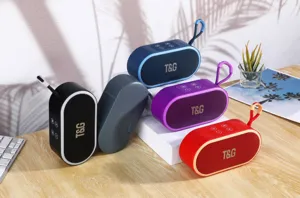 Detailansicht des tragbaren kabellosen Bluetooth-Lautsprechers im kompakten ovalen Farbdesign.