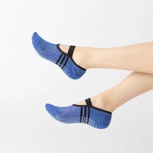 Women non-slip yoga socks glitter blue pilates dance socks with straps and grip dots.