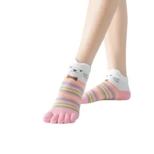 Cute cartoon five finger yoga socks with cute cat ears, pink striped breathable athletic socks.