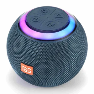 Close-up detail of spherical Bluetooth speaker showing mesh fabric texture and bright RGB light ring.