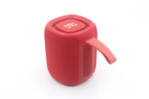 Mini altoparlante Bluetooth portatile con design in tessuto a rete, bassi profondi e cordino.