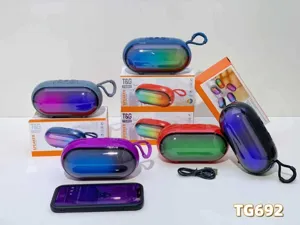 Detailed view of portable wireless Bluetooth speakers featuring vibrant RGB lighting and TWS support.