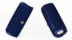 Detailansicht des tragbaren blauen kabellosen Bluetooth-Lautsprechers mit Stoffgewebe und Tasten.