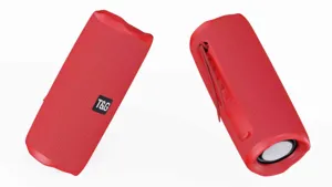 Detailansicht des tragbaren Bluetooth-Lautsprechers in Rot mit robustem Netzgewebe.