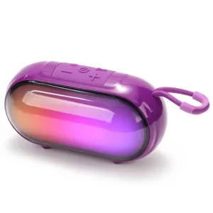 Portable wireless Bluetooth speaker with colorful RGB lights and convenient carrying lanyard.