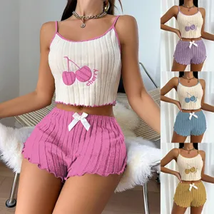 Mujeres Sexy Tejido Acanalado Camisola Y Shorts Pijama Conjunto Cereza Bordado Lindo Ropa De Descanso Superior E Inferior Ropa De Dormir