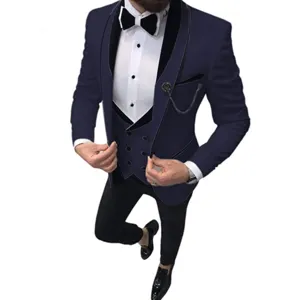 Λεπτομέρεια ανδρικό κοστούμι 3 τεμάχια slim fit σκούρο μπλε σακάκι για γάμο και στυλ