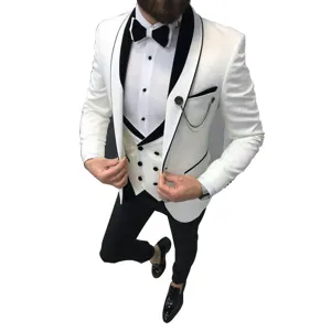 Ανδρικό κοστούμι 3 τεμαχίων γάμος σμόκιν slim fit λευκό και μαύρο σακάκι παντελόνι