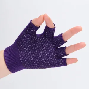Gants de yoga demi doigts violets avec points antidérapants, gants de sport respirants.