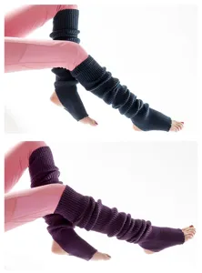 Long knitted leg warmers for women, cozy winter yoga dance slouch socks detail view.
