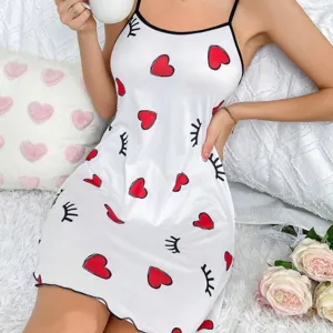 Donna Sexy Scollo a V Sottoveste Camicia da Notte Raso Poliestere Cuore Farfalla Stampa Senza Maniche Chemise