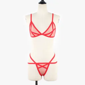 Conjunto de lencería transparente de malla roja con tirantes, sujetador y braguita sexy