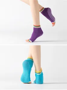 Non-slip yoga toe socks with dotted silicone grips and colorful striped cuffs for workout.
