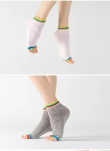 Professional non-slip yoga toe socks with grip dots and rainbow cuffs for women dance.