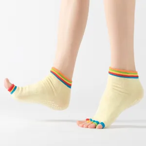 Professional anti-slip five toe yoga socks with colorful stripes for women dance exercise.