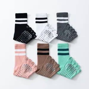 Non-slip yoga socks with five toes, mid-calf length, double stripe athletic pilates grip socks