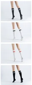 Women college style striped yoga socks with anti-slip grip sole for pilates workout.