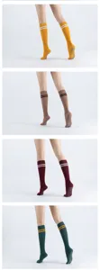 Detailed view of women's college style anti-slip yoga socks with double stripes.