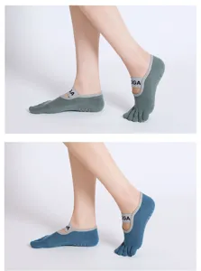 Comfortable five-toe yoga grip socks with strap design for pilates, dance and fitness workouts.