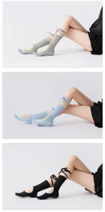 Detail view of women yoga pilates toe socks with straps and anti slip dots in three colors.