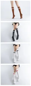Women preppy style knee high yoga socks with double stripes and anti slip grip soles detail.