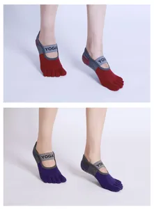 Detailed view of five-toe yoga pilates socks with anti-slip grip and elastic strap design.