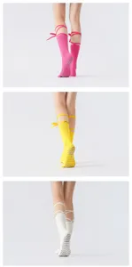 Details of anti-slip five-toe yoga socks with cute calf ribbon ties for women fitness.
