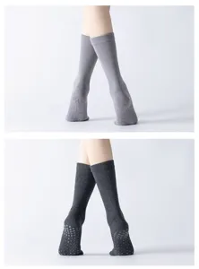 Non-slip yoga pilates socks long tube grey detail view comfortable grip sports socks