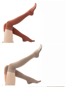 Thigh-high five-toe yoga socks detail showing anti-slip grip bottom and warm leg design.