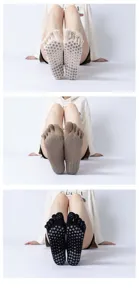 Five toe yoga socks detail view, non-slip grip dots on bottom, breathable cotton, beige brown black.