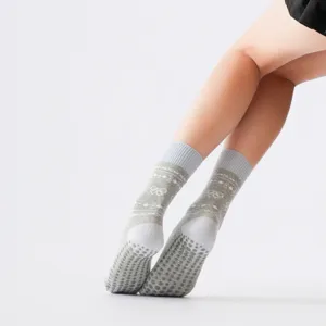Grey Fair Isle yoga socks with grip dots, cute pilates and dance floor socks for women main view