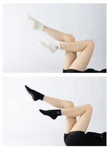 Women non-slip yoga socks with cute embroidery grip pilates fitness short socks white black