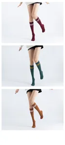 Detailed view of women's preppy style striped knee high socks in three classic colors.