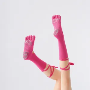 Women's Strappy Five Toe Yoga Pilates Socks Non Slip Cotton Athletic Fitness Dance Mid Tube Socks