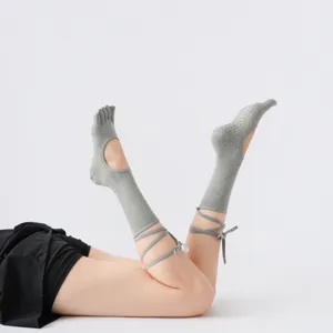 Grey five toe yoga socks with ribbon ties pilates fitness exercise non slip dance socks