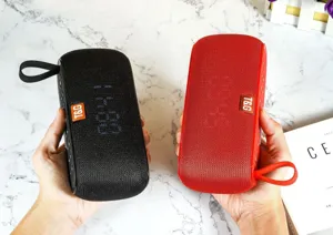 Tragbarer Stoff-Bluetooth-Lautsprecher mit doppelten Membranen und klarem Display.