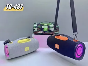 Portable bluetooth speaker detail showing dual speakers, vibrant LED lights, and sturdy strap.