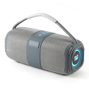 Haut-parleur Bluetooth portable sans fil avec tissu gris et lumière LED pour la musique.