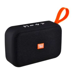 Portable wireless Bluetooth speaker detail view, compact mini audio with orange lanyard.
