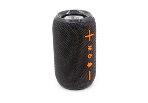 Portable wireless Bluetooth speaker detail view with orange control buttons and mesh fabric.