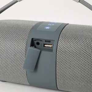 Vue détaillée du panneau de commande et des ports de l'enceinte Bluetooth portable grise.