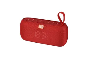 Tragbarer roter Stoff-Bluetooth-Lautsprecher mit sattem Bass und praktischem Trageriemen.