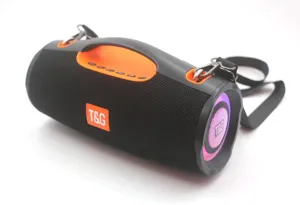 Close-up detail of the portable bluetooth speaker with colorful LED lights and dual horn.
