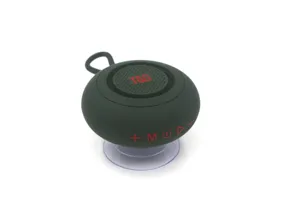 Nahaufnahme des tragbaren Mini-Bluetooth-Laufsprechers mit Saugnapf und Bedientasten.