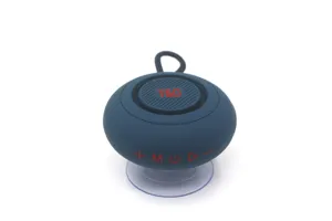 Tragbarer kabelloser Bluetooth Lautsprecher mit Saugnapf und Aufhaengung in Blau Mini Box.