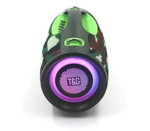 Portable bluetooth speaker with camouflage pattern, colorful LED lights and deep bass audio.