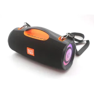 Portable wireless Bluetooth speaker with LED lights, TWS subwoofer, and handy carrying strap.