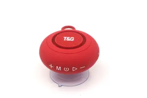 Tragbarer kabelloser Bluetooth-Lautsprecher mit Saugnapf und kompaktem roten Design.