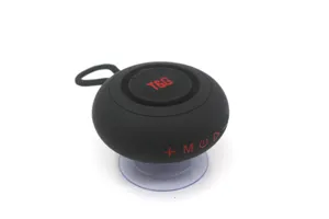 Detailansicht des tragbaren kabellosen Bluetooth-Lautsprechers mit Saugnapf und Tasten.