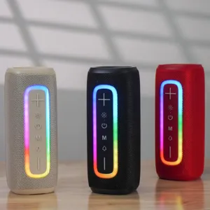 Portable Bluetooth speaker with vibrant RGB ambient light, wireless outdoor sound box.